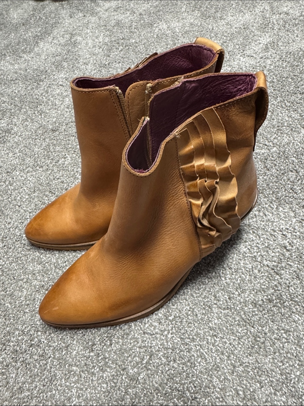 Ruffle Accent Tan Leather Ankle Booties